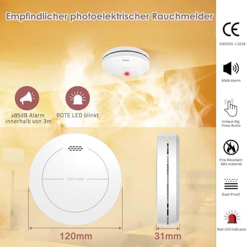 Rauchmelder von - 10 Jahre Batterie, keine blinkende LED, 85 dB Alarm, ideal für sicheren Brandschutz zu Hause, 3er Set