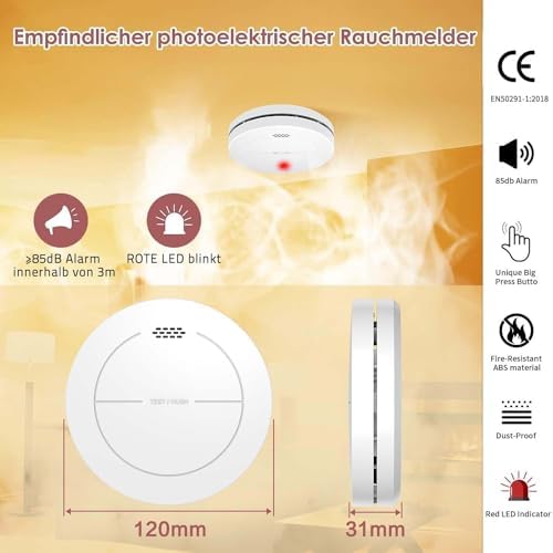 Rauchmelder von - 10 Jahre Batterie, keine blinkende LED, 85 dB Alarm, ideal für sicheren Brandschutz zu Hause, 3er Set