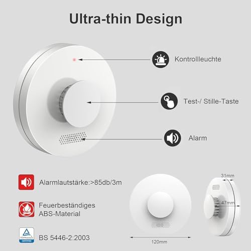 CPVAN Vernetzte Rauchmelder 10 Jahre Batterie mit Klebepad | Bohrfreie Sicherheit, EN14604 Geprüft, 5er Set