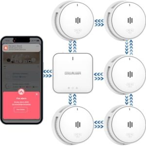 Rauchmelder Smart Home mit Basisstation, WLAN-App-Steuerung, 10 Jahre Batterie - 5er Set für sicheren Brandschutz