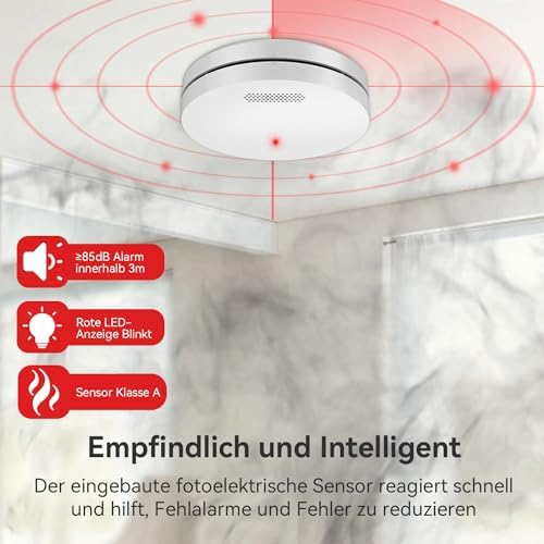 CPVAN Vernetzte Rauchmelder 10 Jahre Batterie mit Klebepad | Bohrfreie Sicherheit, EN14604 Geprüft, 5er Set