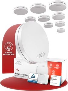 Rauchmelder 10 Jahre Batterie – Flacher Feuermelder ohne Bohren | 10er Set für besten Brandschutz