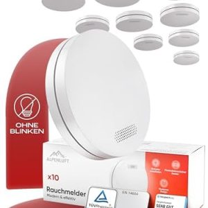 Rauchmelder 10 Jahre Batterie – Flacher Feuermelder ohne Bohren | 10er Set für besten Brandschutz