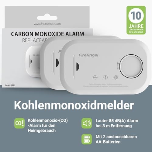 FireAngel Kohlenmonoxidmelder FA6813 - 10-Jahres-Sensor CO-Warner für sicheres Zuhause & unterwegs
