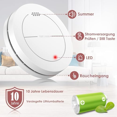 Rauchmelder von - 10 Jahre Batterie, keine blinkende LED, 85 dB Alarm, ideal für sicheren Brandschutz zu Hause, 3er Set